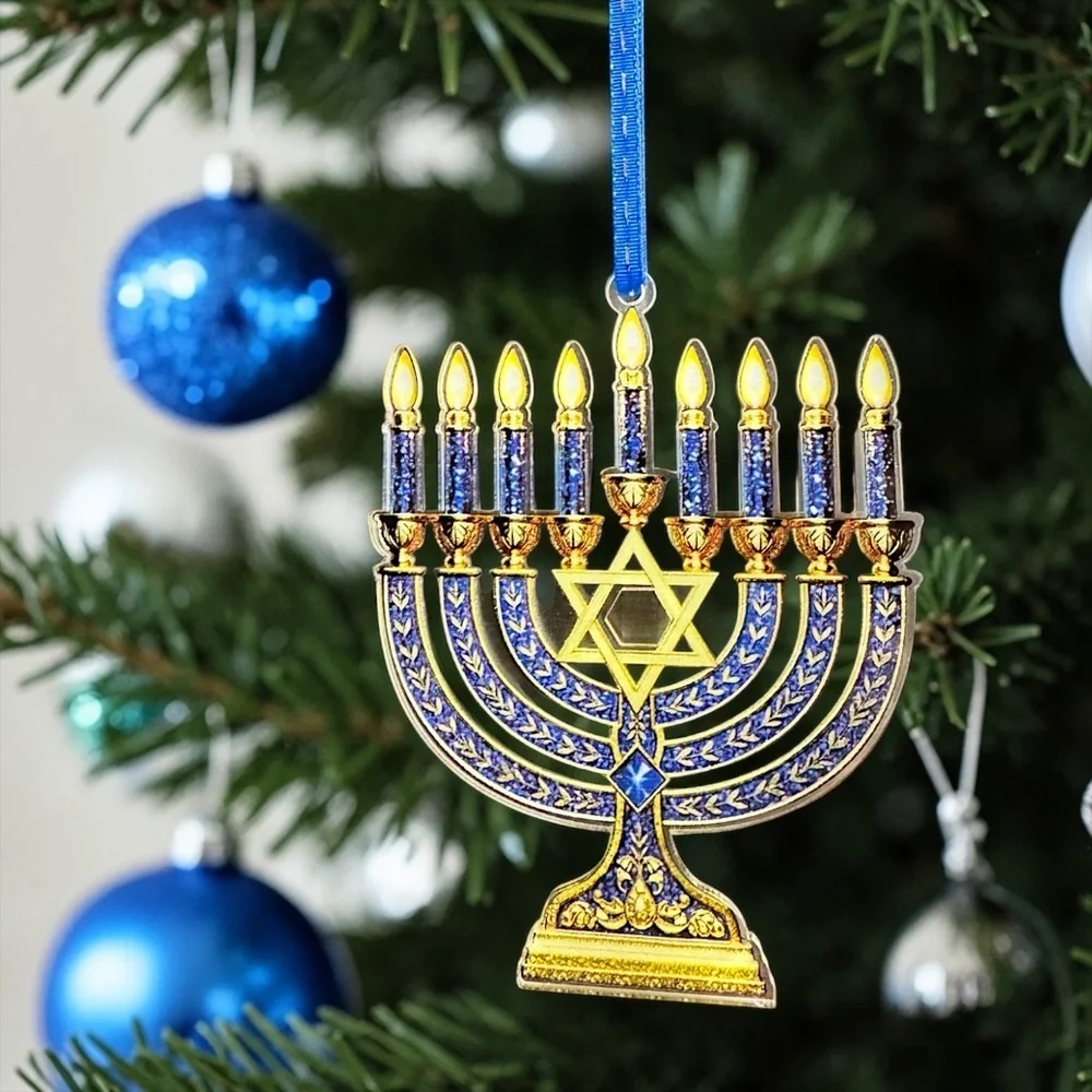Menorah Ornament Hanukkah Tree Decor Blue Gold Jewish Holiday Gift